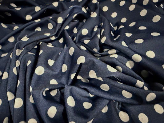 Stretch spandex crepe jersey fabric, per metre - polka dot print - navy & grey