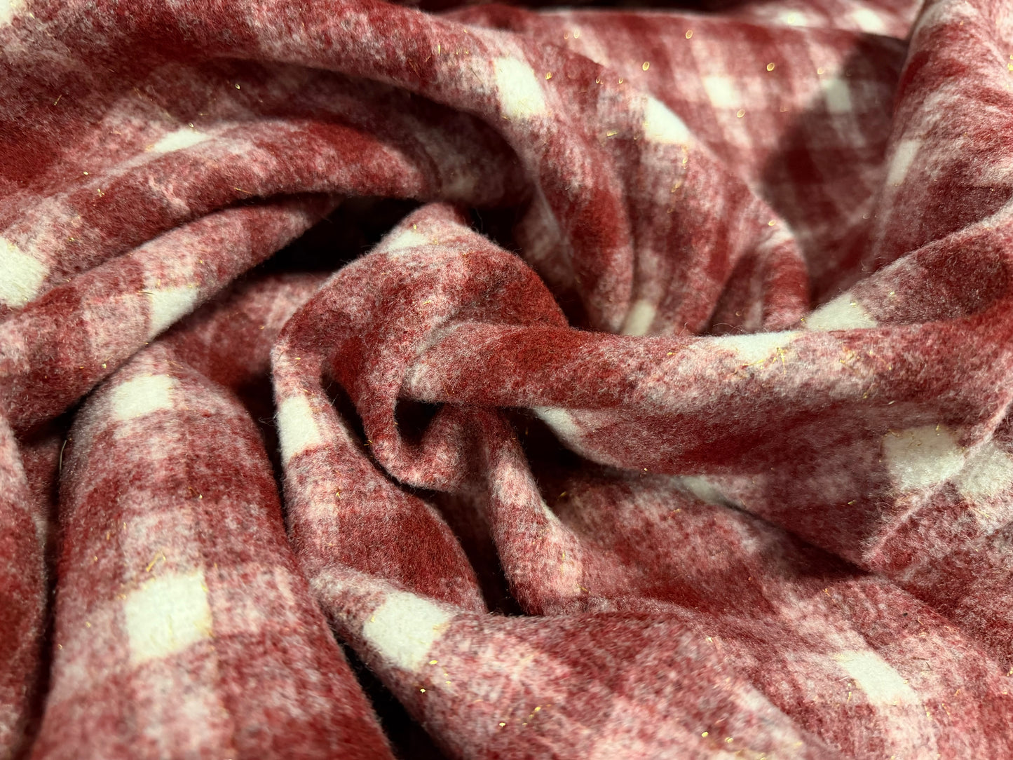 Metallic brushed wool bouclé fabric, per metre - check - burgundy & gold