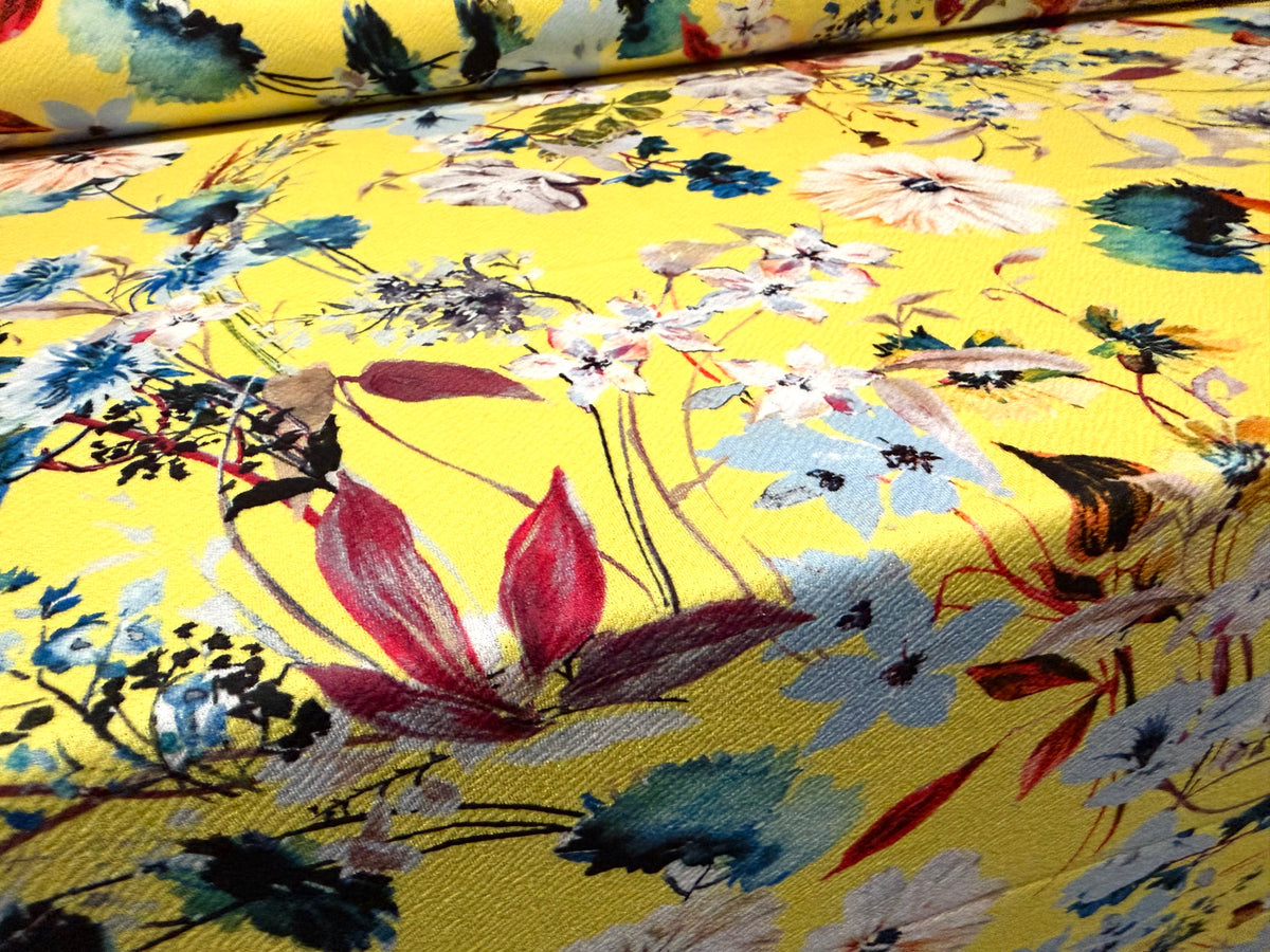 Liverpool stretch spandex double jersey fabric, per metre - floral print - yellow