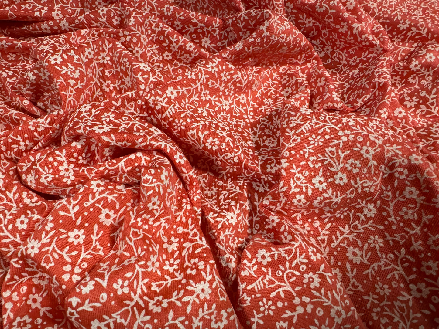 Viscose spandex stretch single jersey fabric, per metre - small flower ditsy print - coral & white