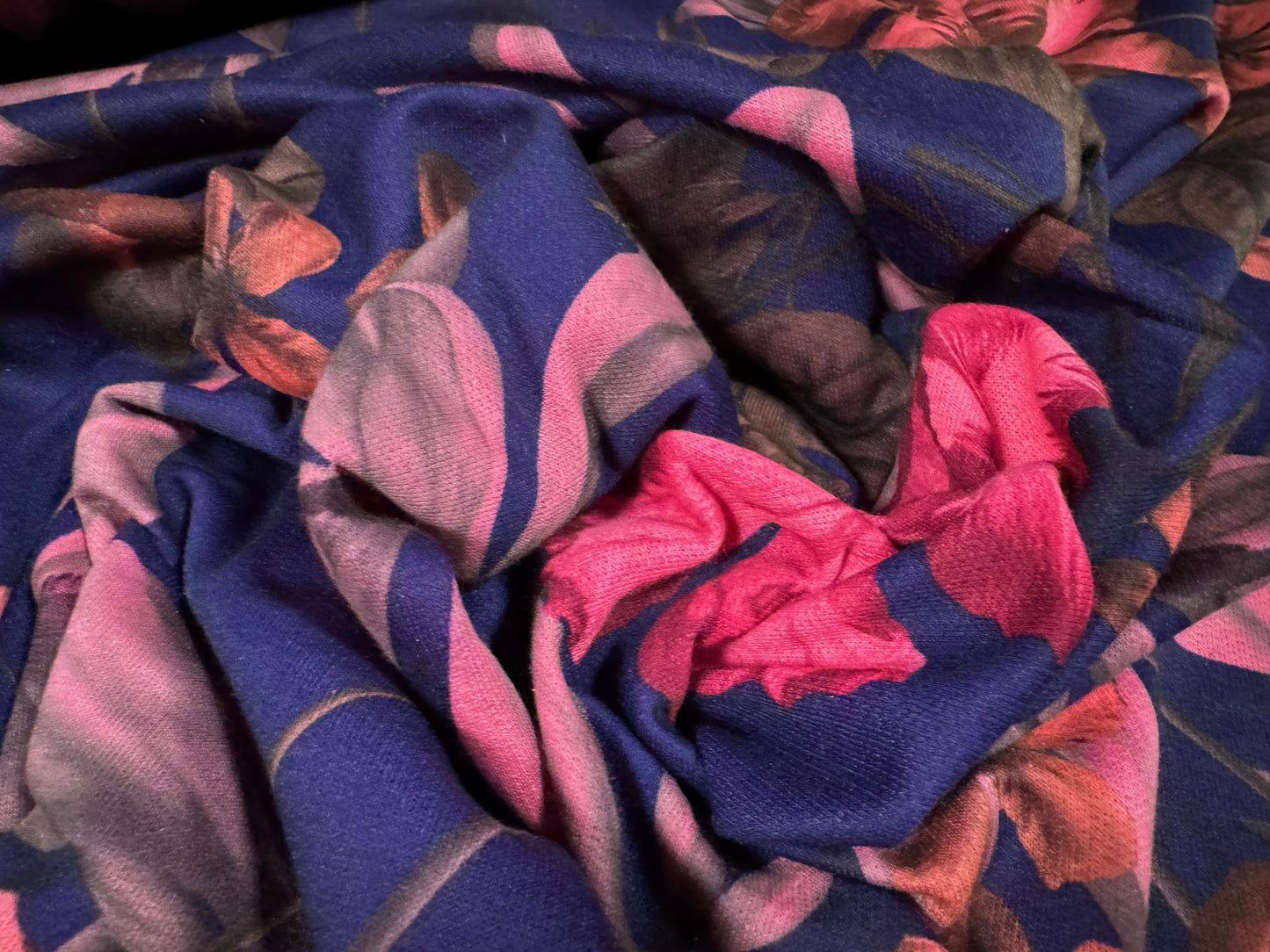 French Terry loopback sweatshirt jersey fabric, per metre - orchid floral print - navy blue & pink