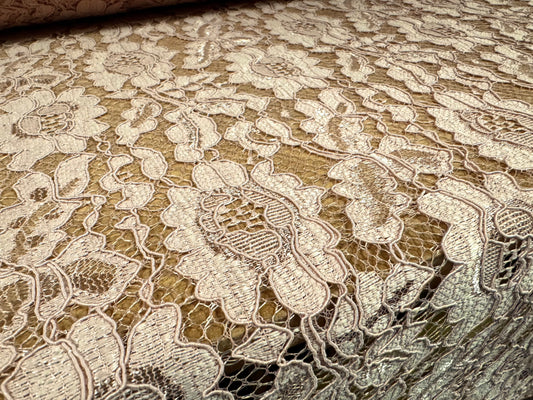 Heavy corded Alencon lace dress fabric with scalloped selvedge, per metre - floral - nude