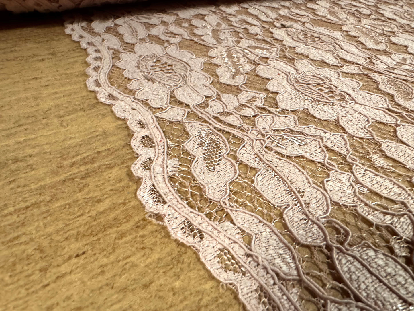 Heavy corded Alencon lace dress fabric with scalloped selvedge, per metre - floral - nude