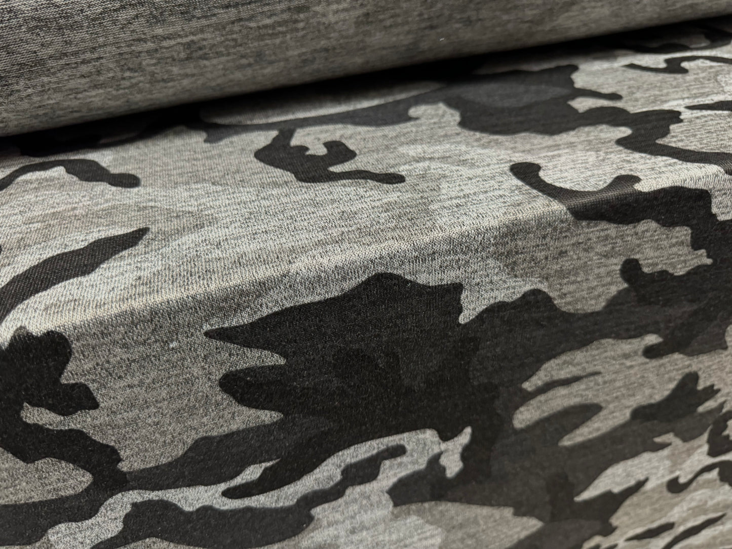 Melange jersey knit fashion fabric, per metre - camouflage print - grey marl