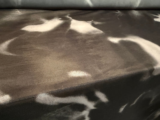 Power mesh net stretch spandex fabric, per metre - abstract print - black & grey