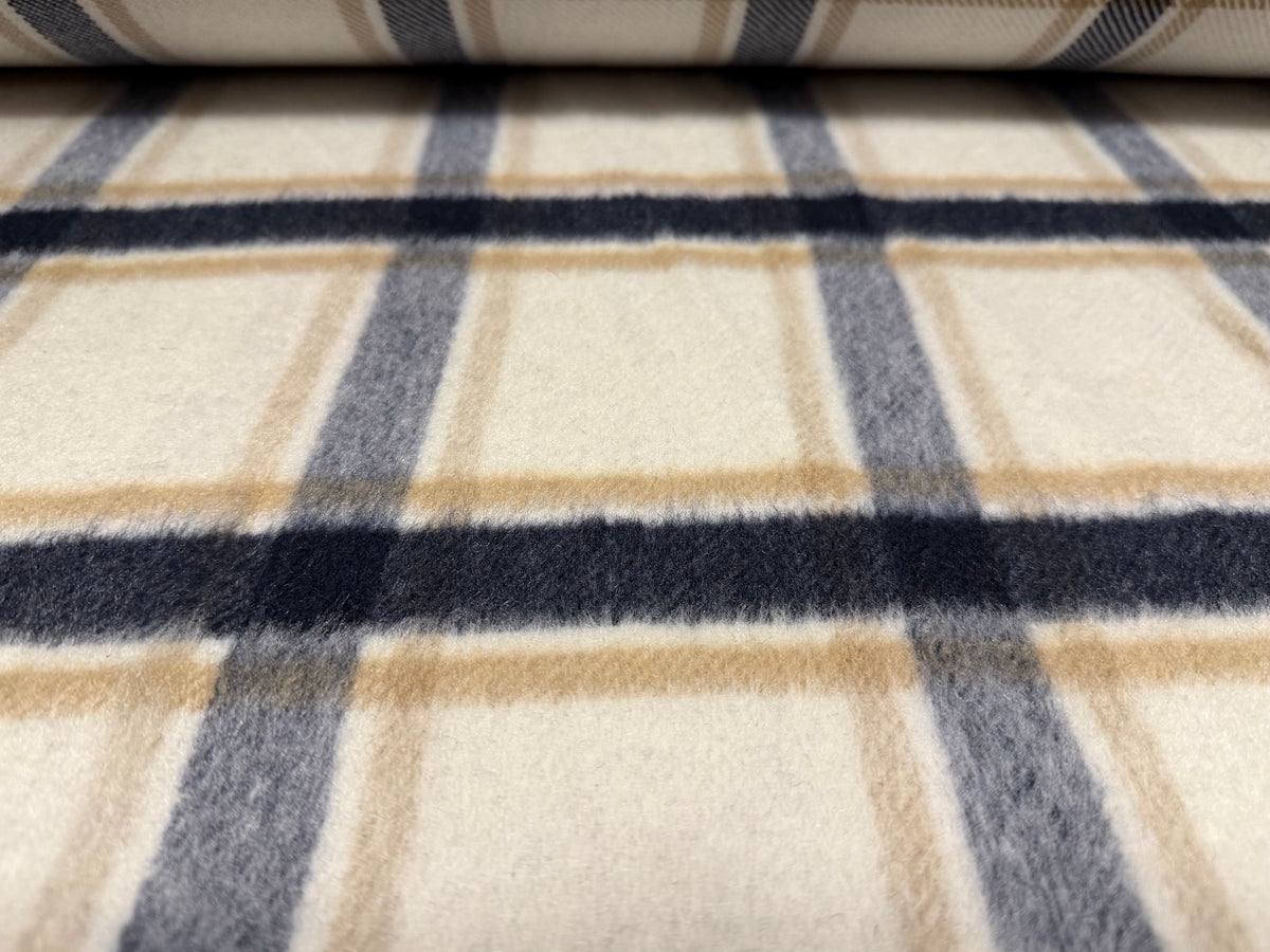 Wool flannel fabric, per metre - plaid check - ivory & slate