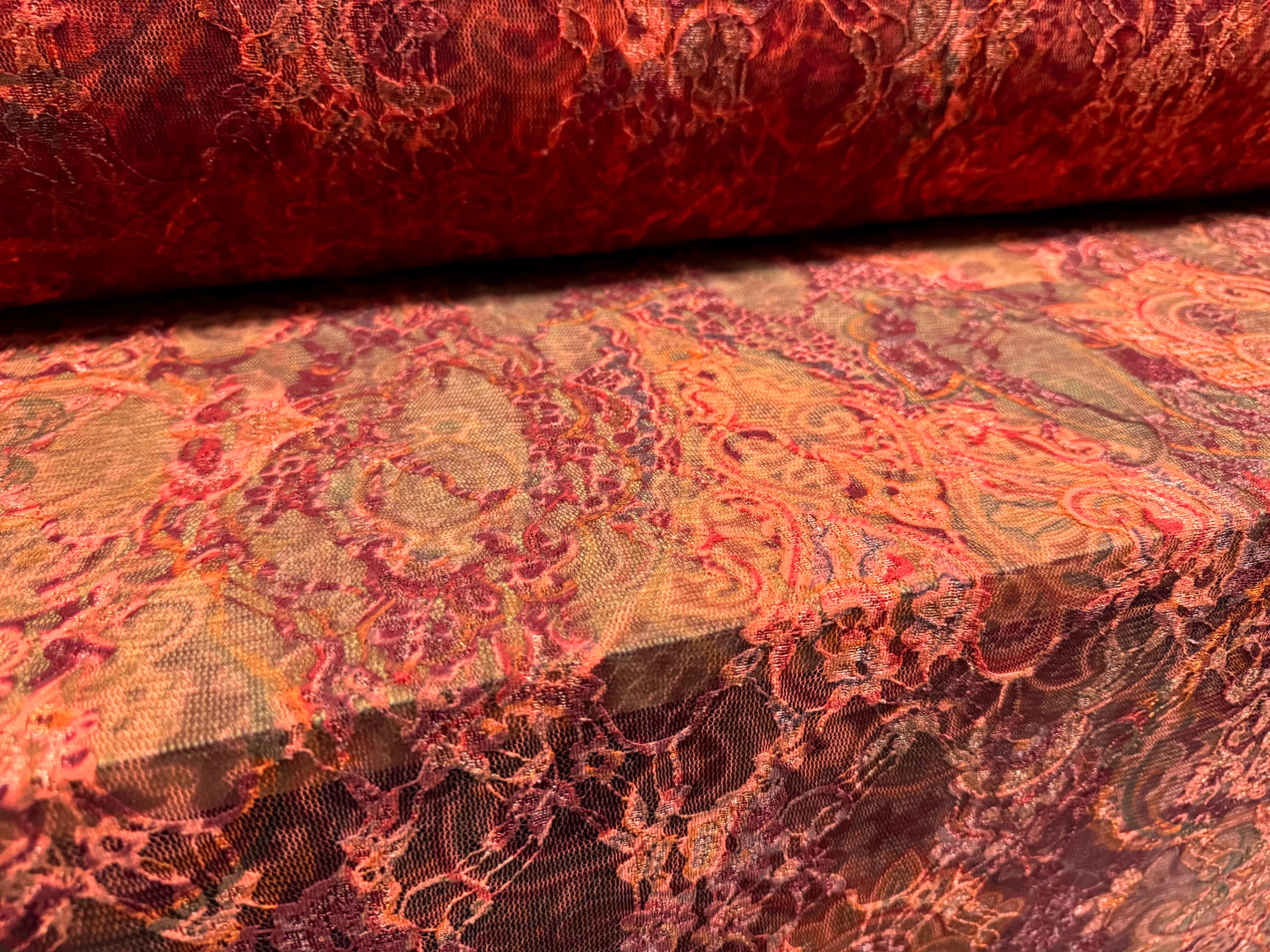 Stretch spandex mesh lace fabric, per metre - paisley floral print - coral & mulberry