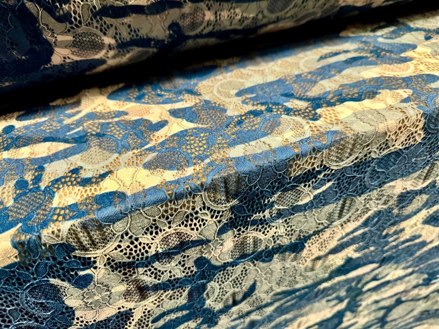 Stretch lace dress fabric with scalloped selvedge, per metre - camouflage print - sage green, blue & nude