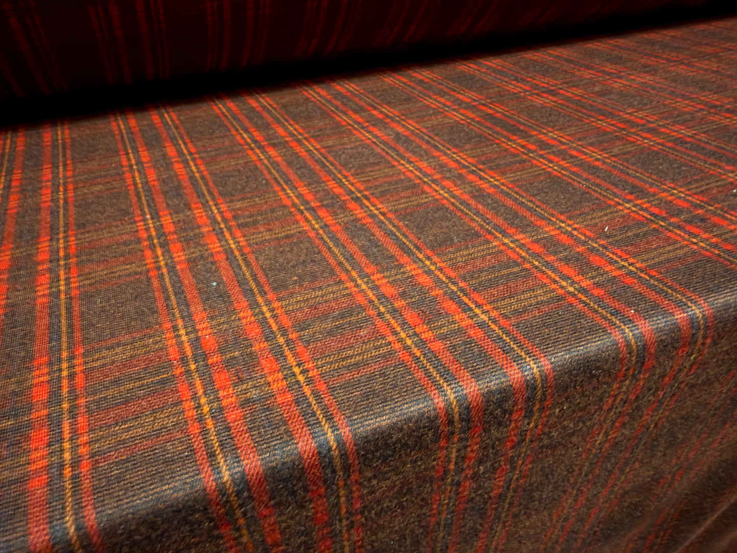 Ponte Roma double jersey knit fabric, per metre - plaid print - brown & orange-red