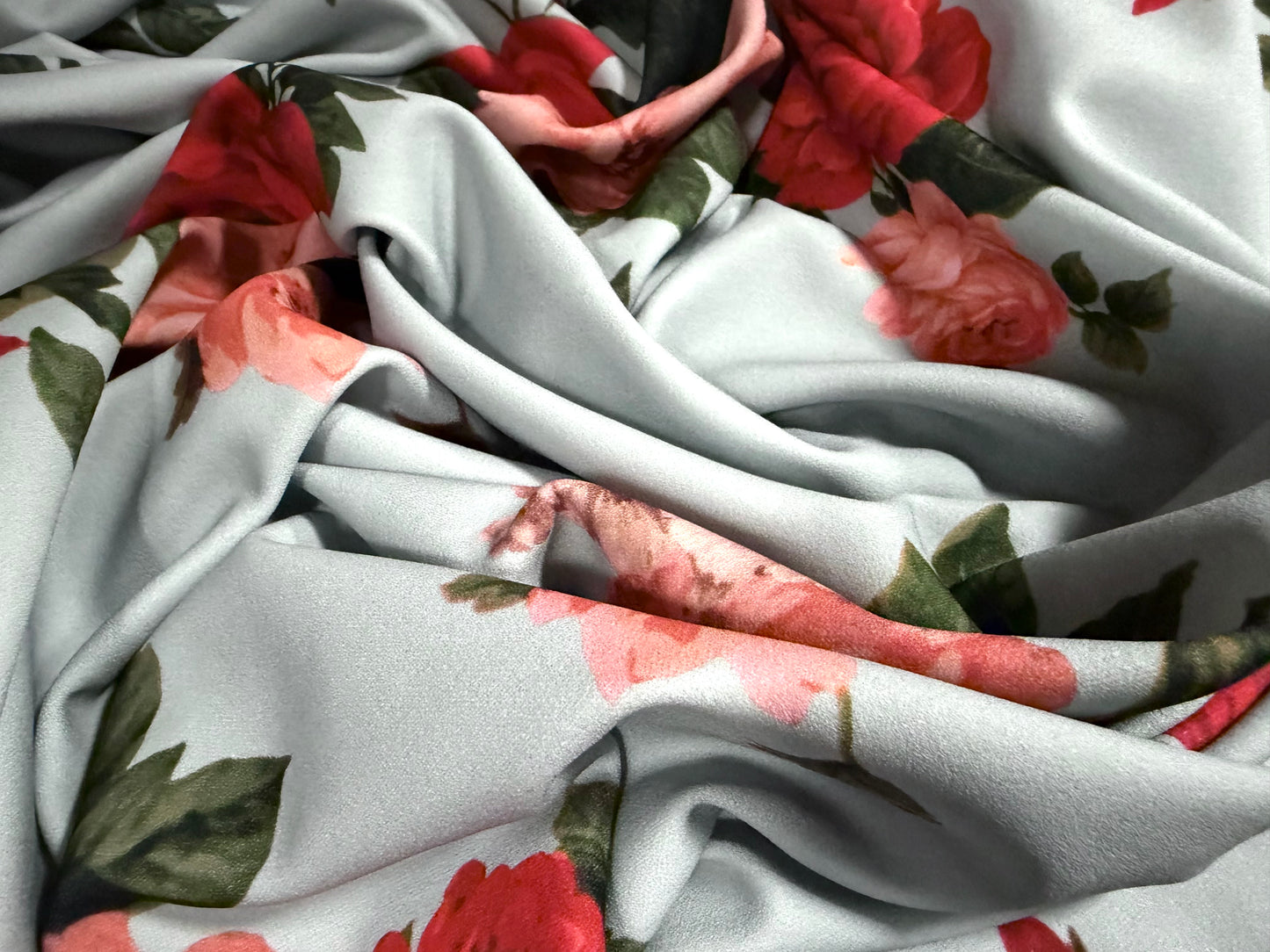 Scuba crepe stretch spandex double jersey fabric, per metre - rose floral print - sky blue