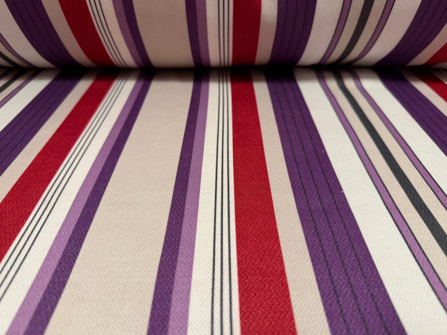 Interface bonded polycotton jersey fabric, per metre - baiadera stripe - purple wine & grey