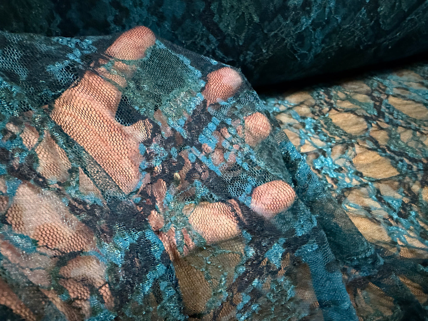 Stretch spandex mesh lace fabric, per metre - snakeskin print - kingfisher blue