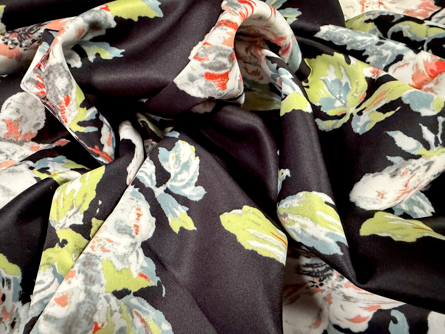 Scuba stretch spandex double jersey fabric, per metre - lily print - black white & peach