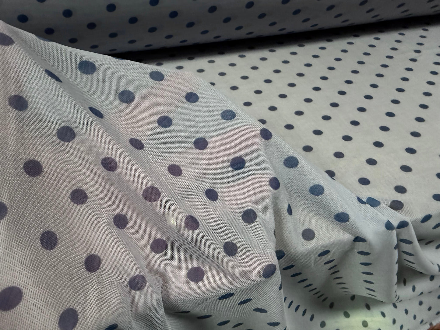 Power mesh net stretch spandex fabric, per metre - polka dot print - blue-grey & indigo