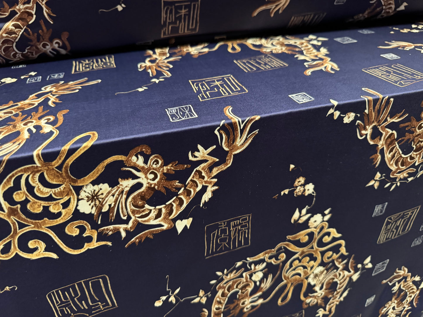 Soft touch stretch spandex single jersey fabric, per metre - Dragons print - navy & gold