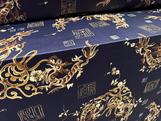 Soft touch stretch spandex single jersey fabric, per metre - Dragons print - navy & gold