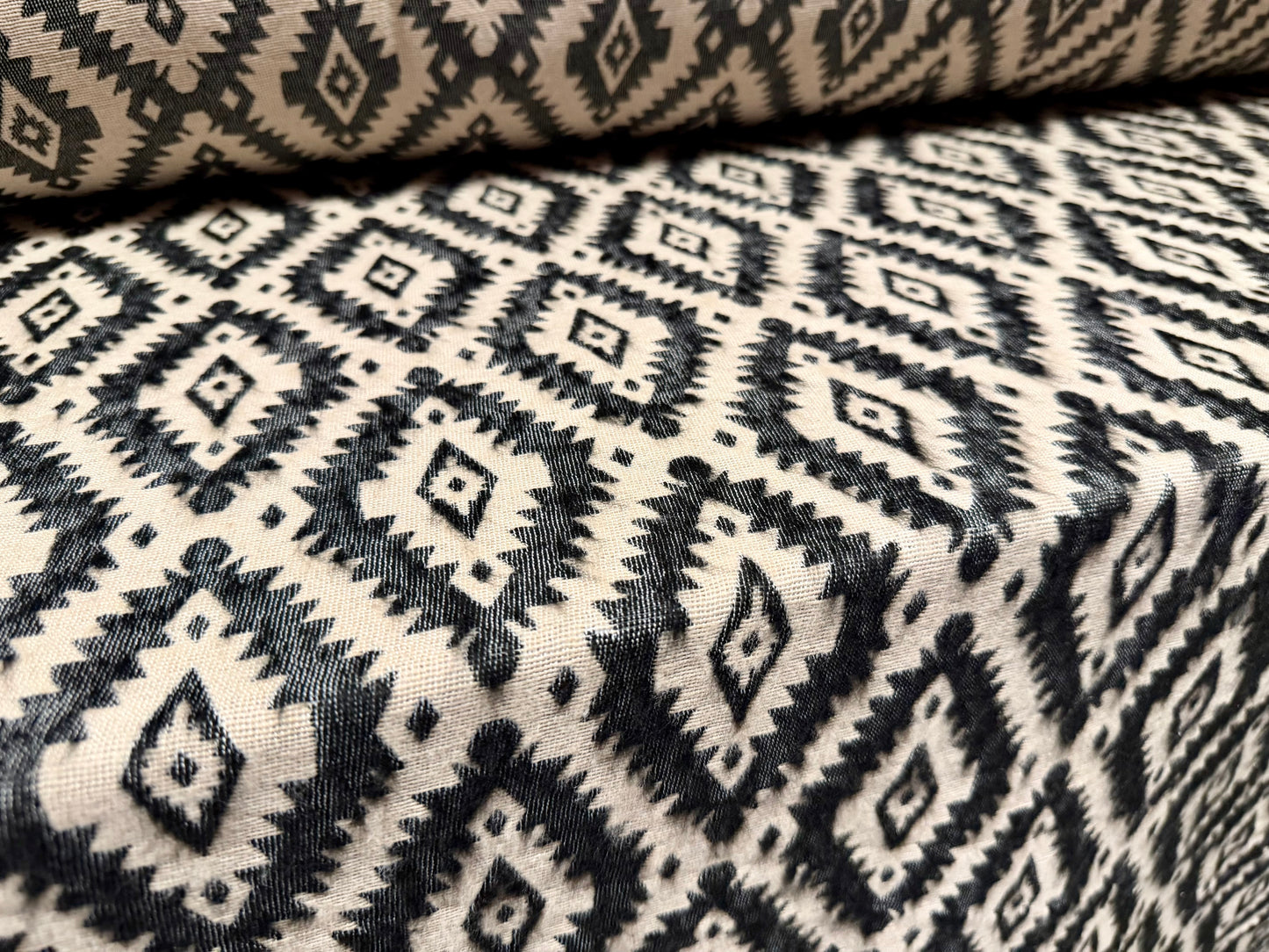 Heavyweight wool coat weight fabric, per metre - Aztec jacquard - charcoal & cream