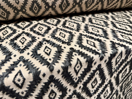 Heavyweight wool coat weight fabric, per metre - Aztec jacquard - charcoal & cream