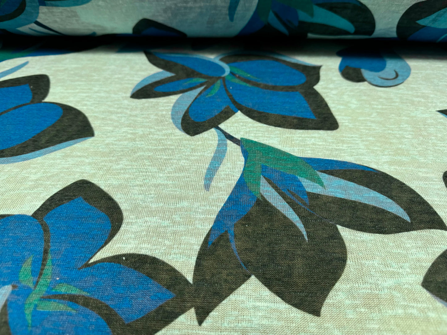 Thick & thin single jersey fashion fabric, per metre - jumbo flower print - aqua & royal blue