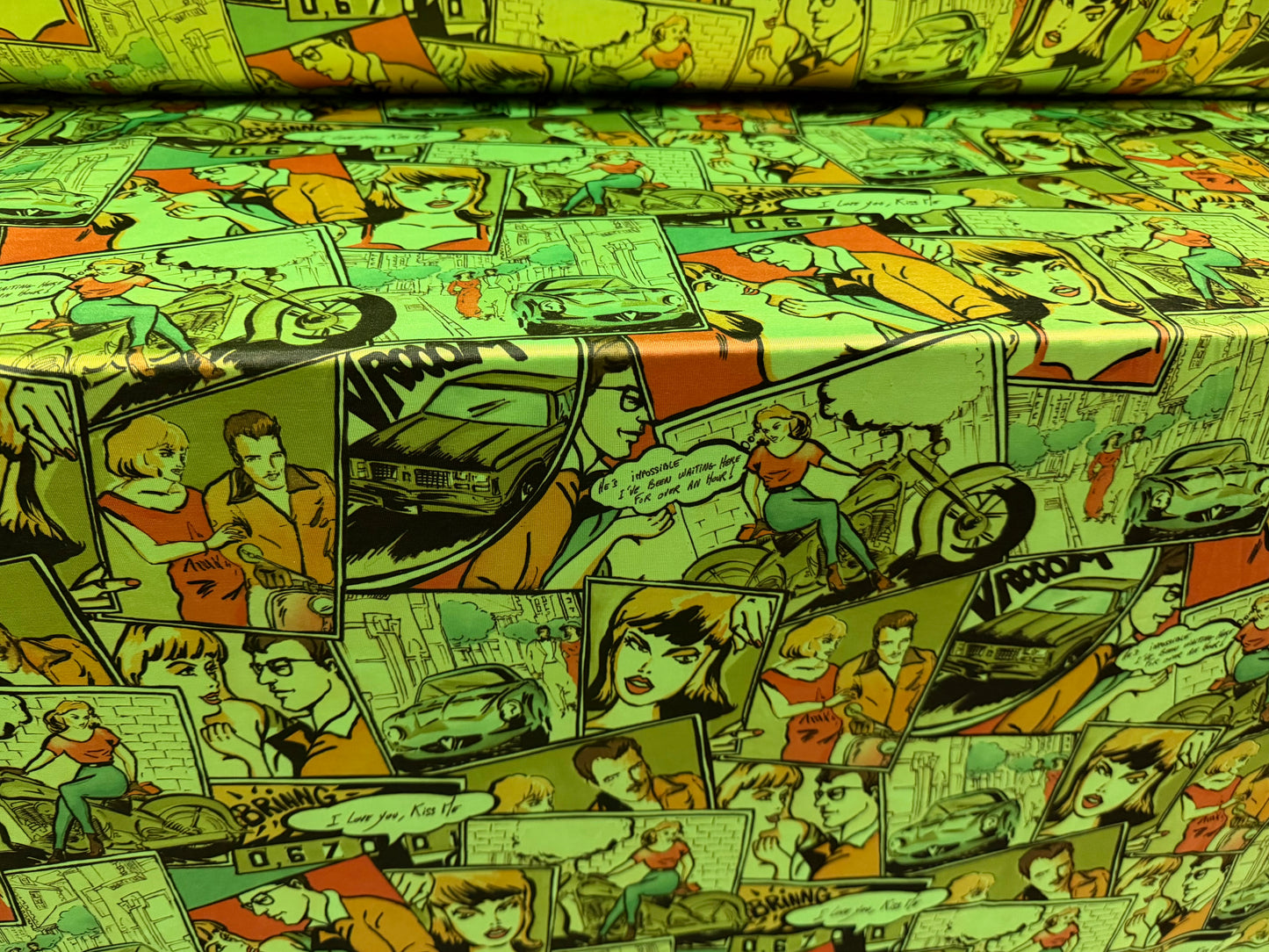 Stretch spandex single jersey fashion fabric, per metre - comic strip cartoon print - bright green