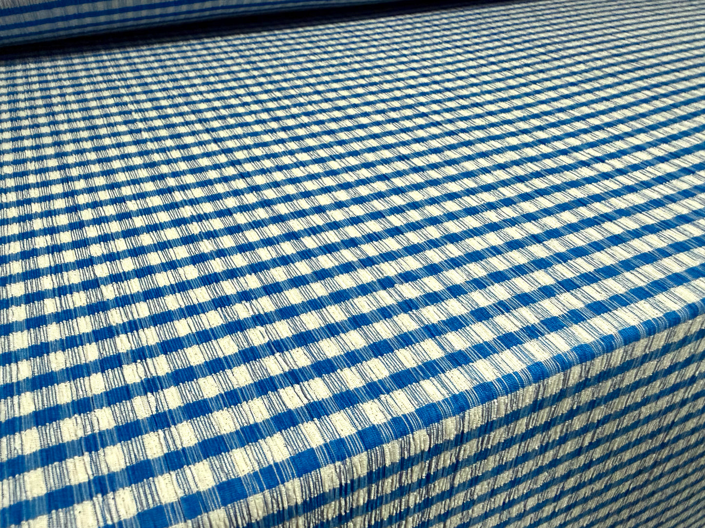 Stretch seersucker woven fashion fabric, per metre - gingham - blue & white