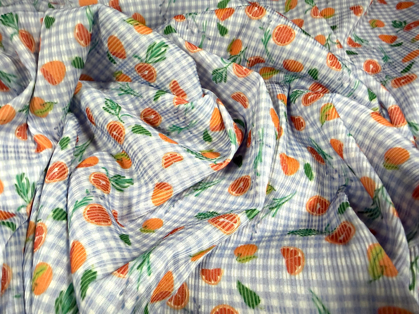Ribbed jersey fashion fabric, per metre - oranges on gingham print - sky blue