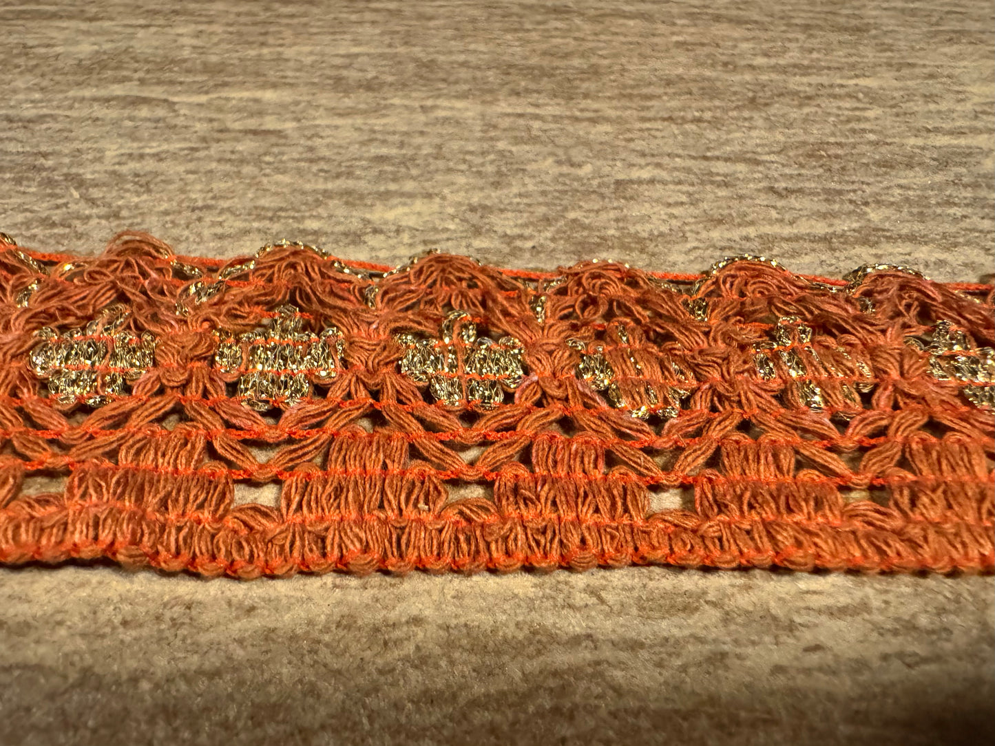 Metallic crochet lace edging trim fabric with scallop, per metre - terracotta with gold lurex