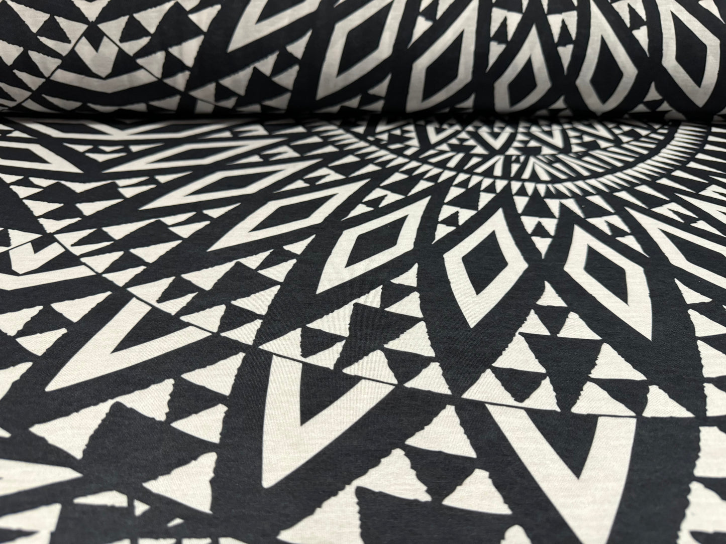 Soft handle single jersey fashion fabric, per metre - tribal tattoo print - black & white