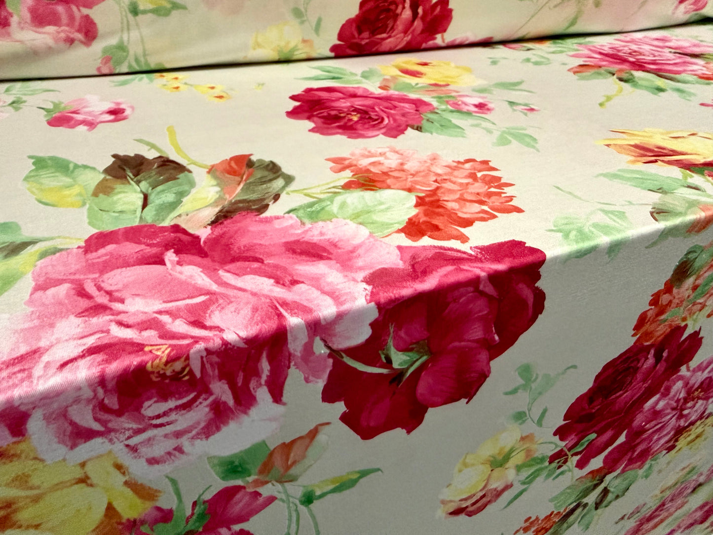 Soft touch stretch spandex single jersey fabric, per metre - vintage rose floral print - pistachio cream & pink