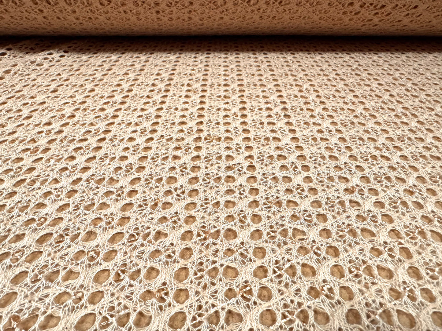 Crochet knit lace dress fabric with sequins, per metre - nude