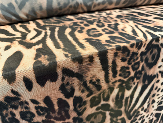 Power mesh net stretch spandex fabric, per metre - Safari Chic print - nude