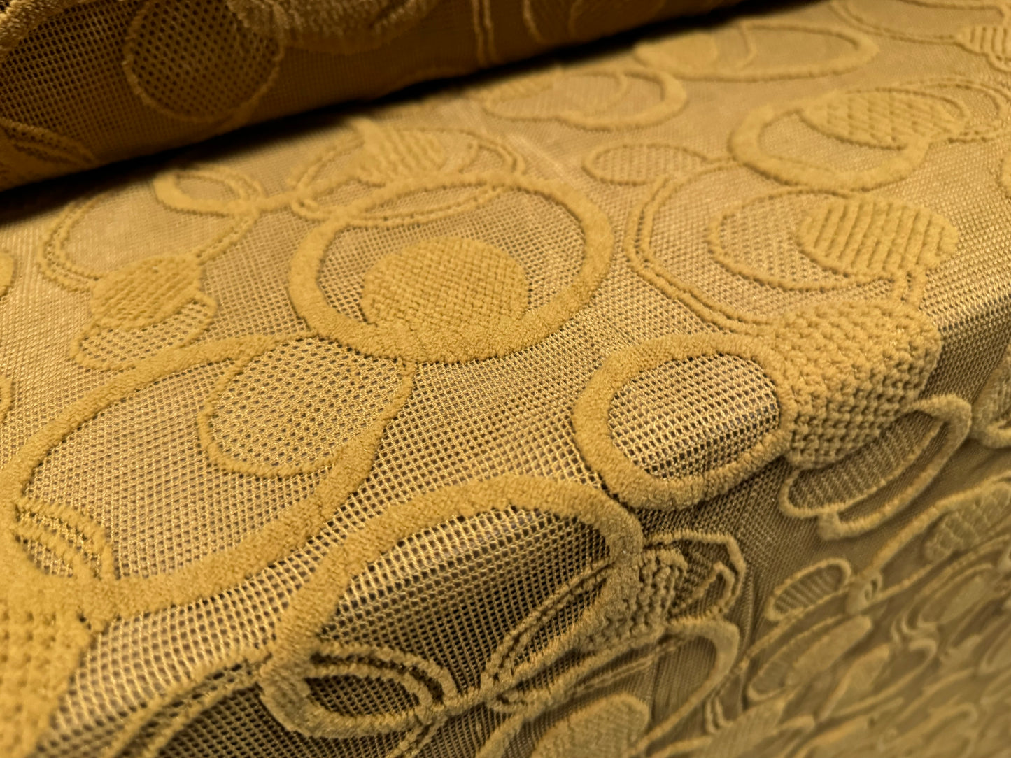 Heavyweight flocked mesh fabric, per metre - rings & circles - camel