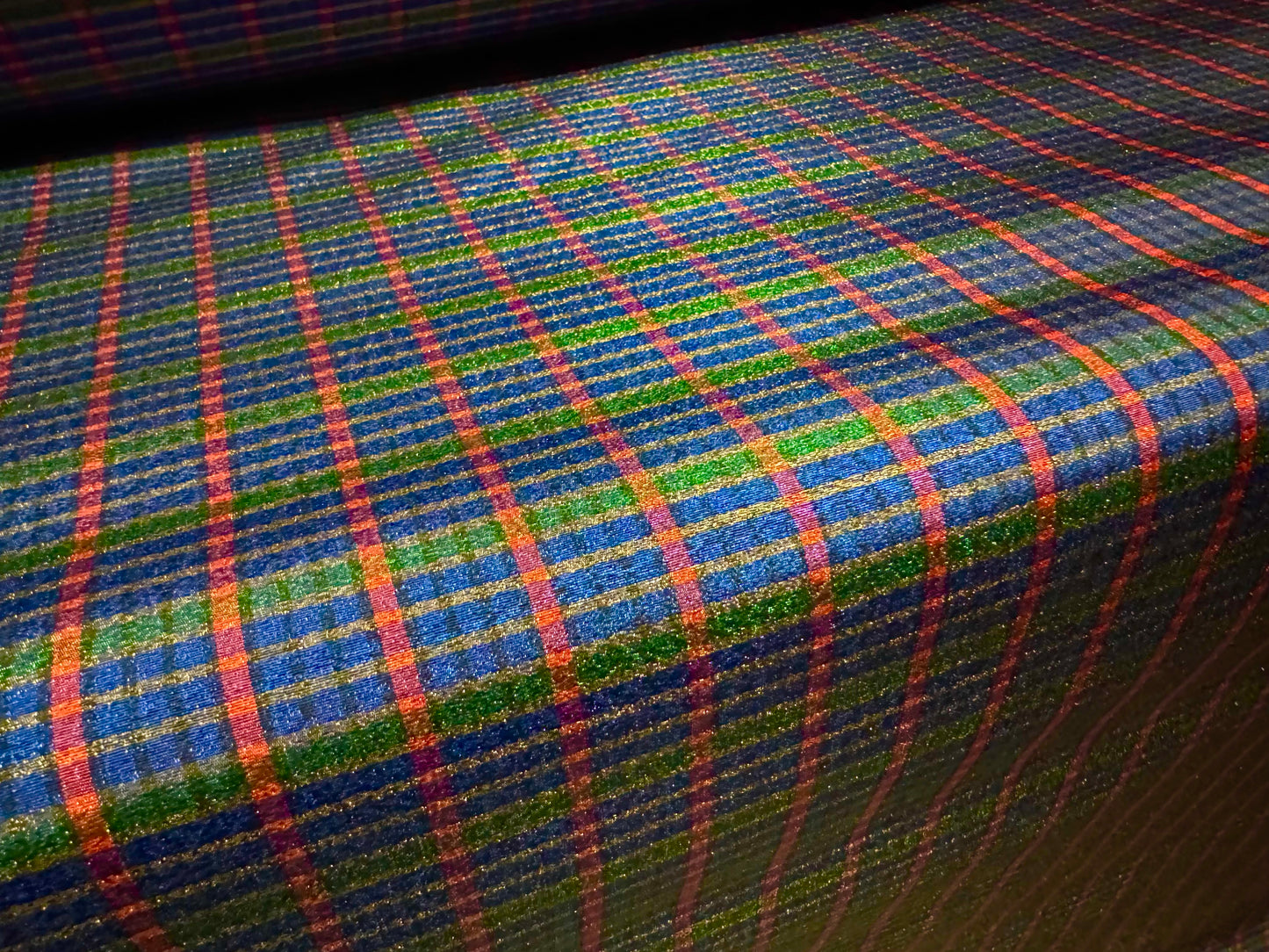 Metallic taffeta faux silk fabric - tartan check - blue green & orange