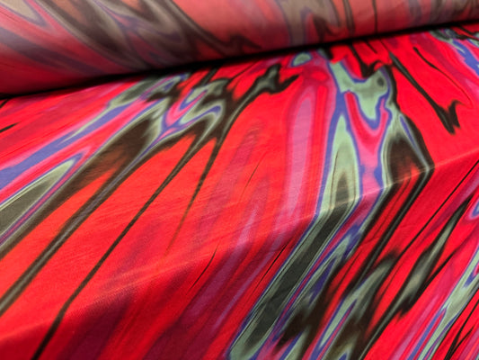 Power mesh net stretch spandex fabric, per metre - retro splash print - red & jade