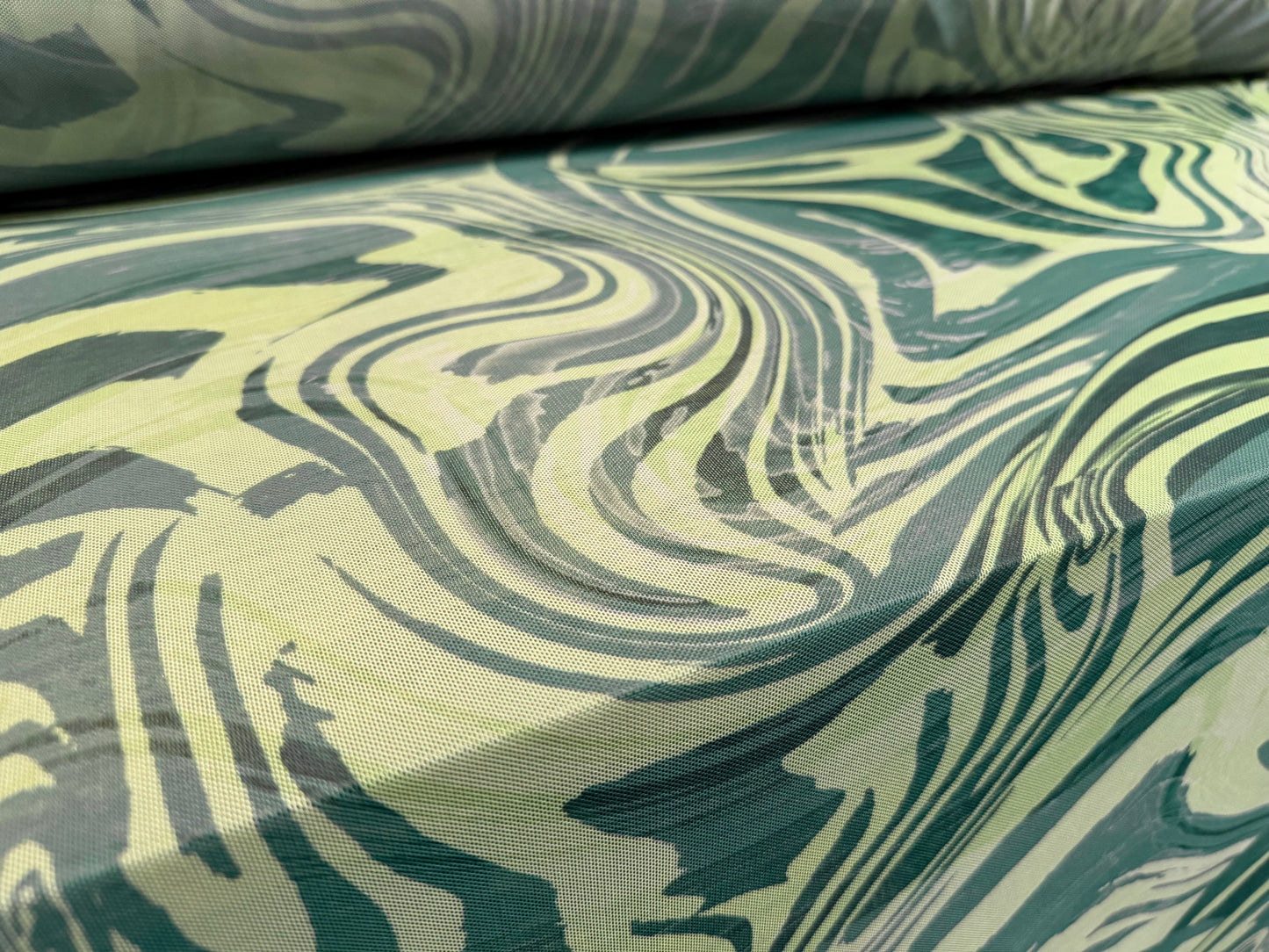 Power mesh net stretch spandex fabric, per metre - swirl print - olive & sage green