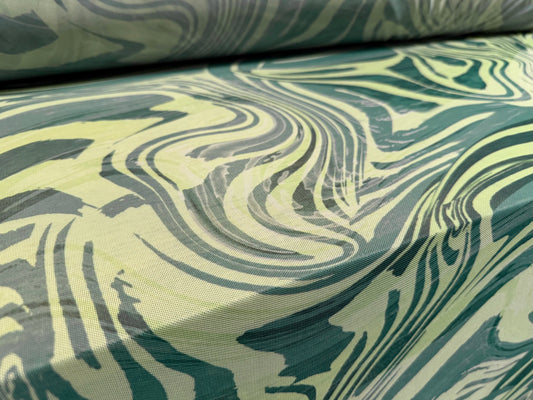 Power mesh net stretch spandex fabric, per metre - swirl print - olive & sage green