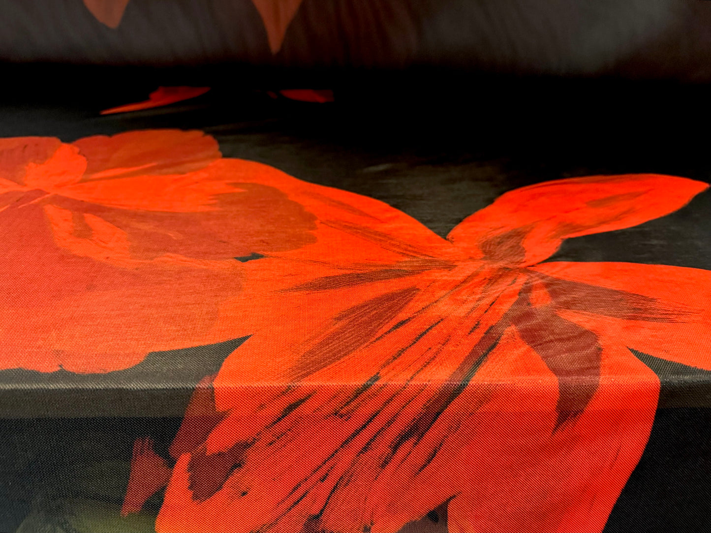 Power mesh net stretch spandex fabric, per metre - giant orchid flower print - black & red