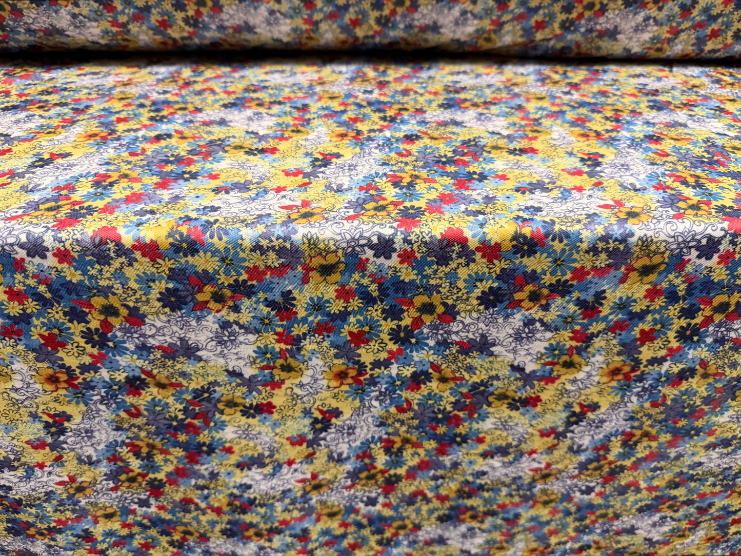 Toledo double jersey fabric, per metre - floral print - blue mustard & red