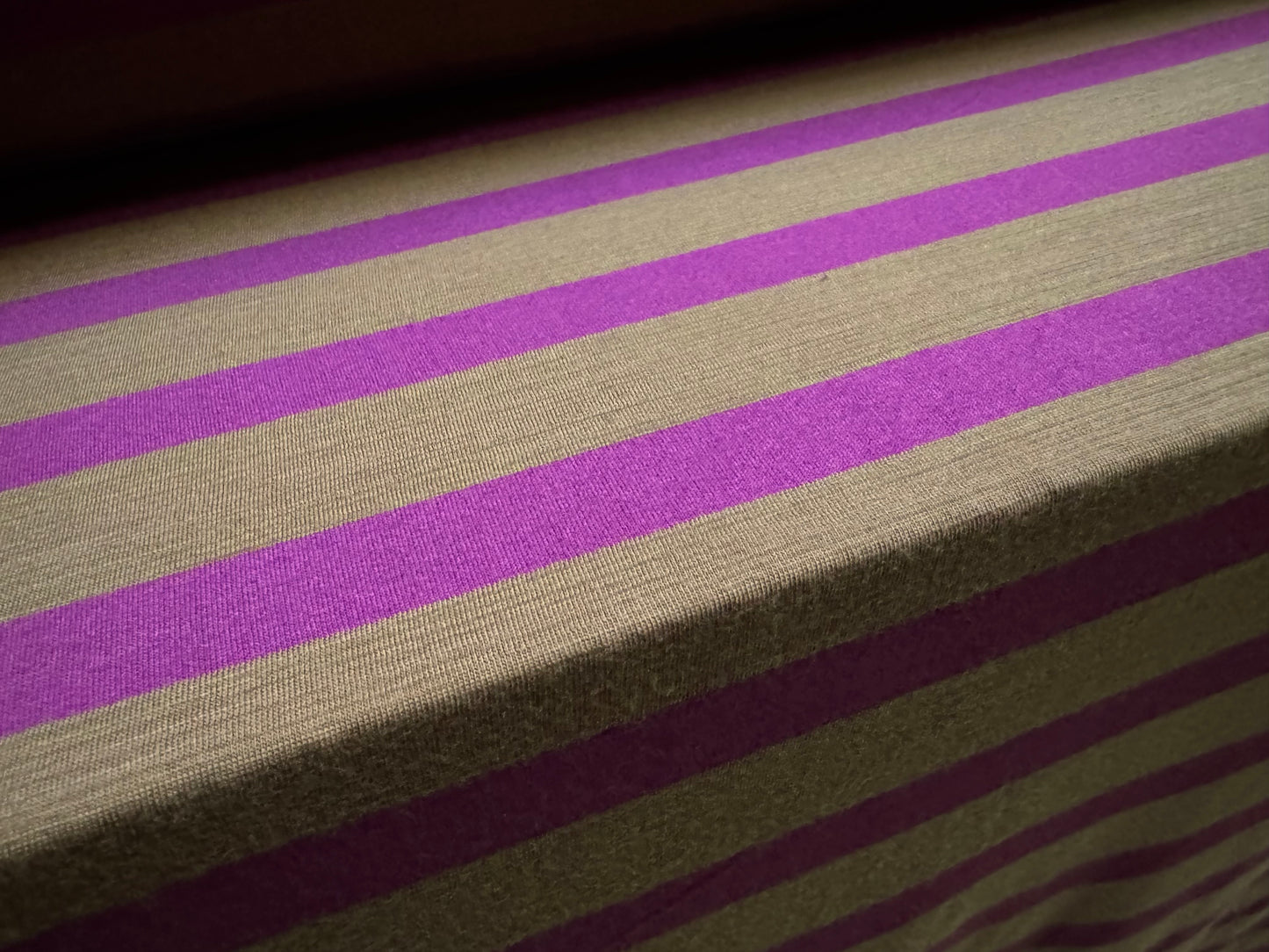 Stretch single jersey fabric, per metre - slubbed stripe - khaki & deep magenta