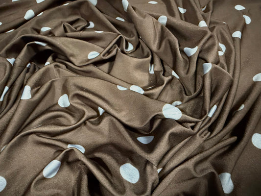 Soft touch stretch spandex jersey fabric, per metre - polka dot print - grey & blue