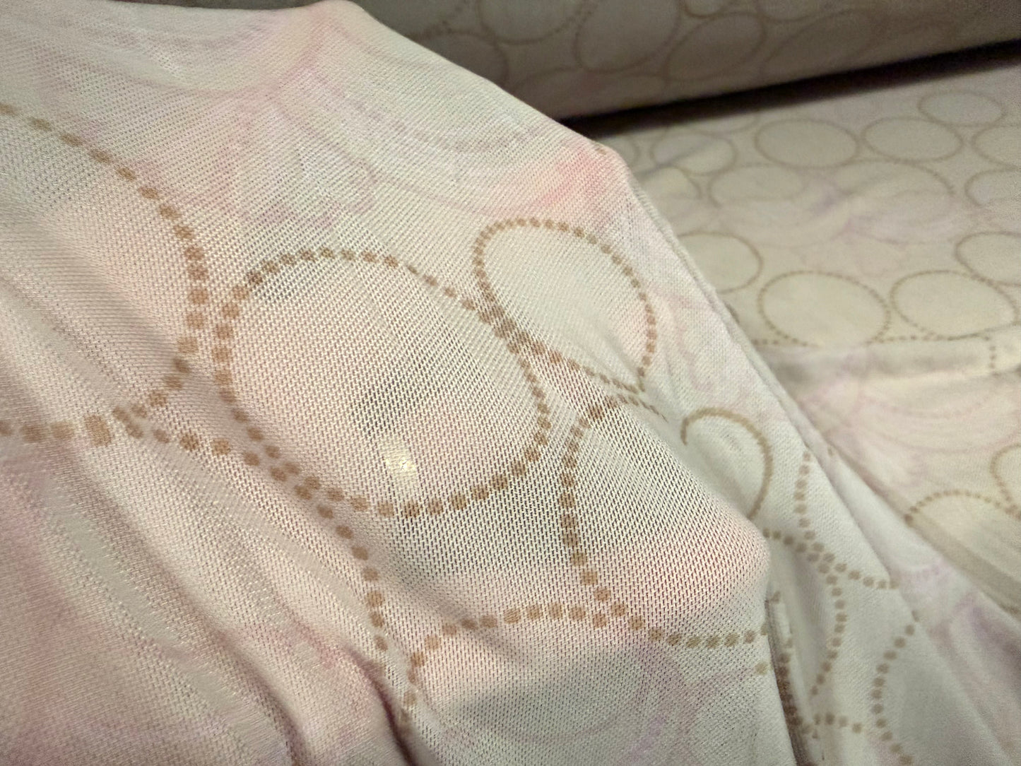Power mesh net stretch spandex fabric, per metre - geometric circles print - grey pink & mustard