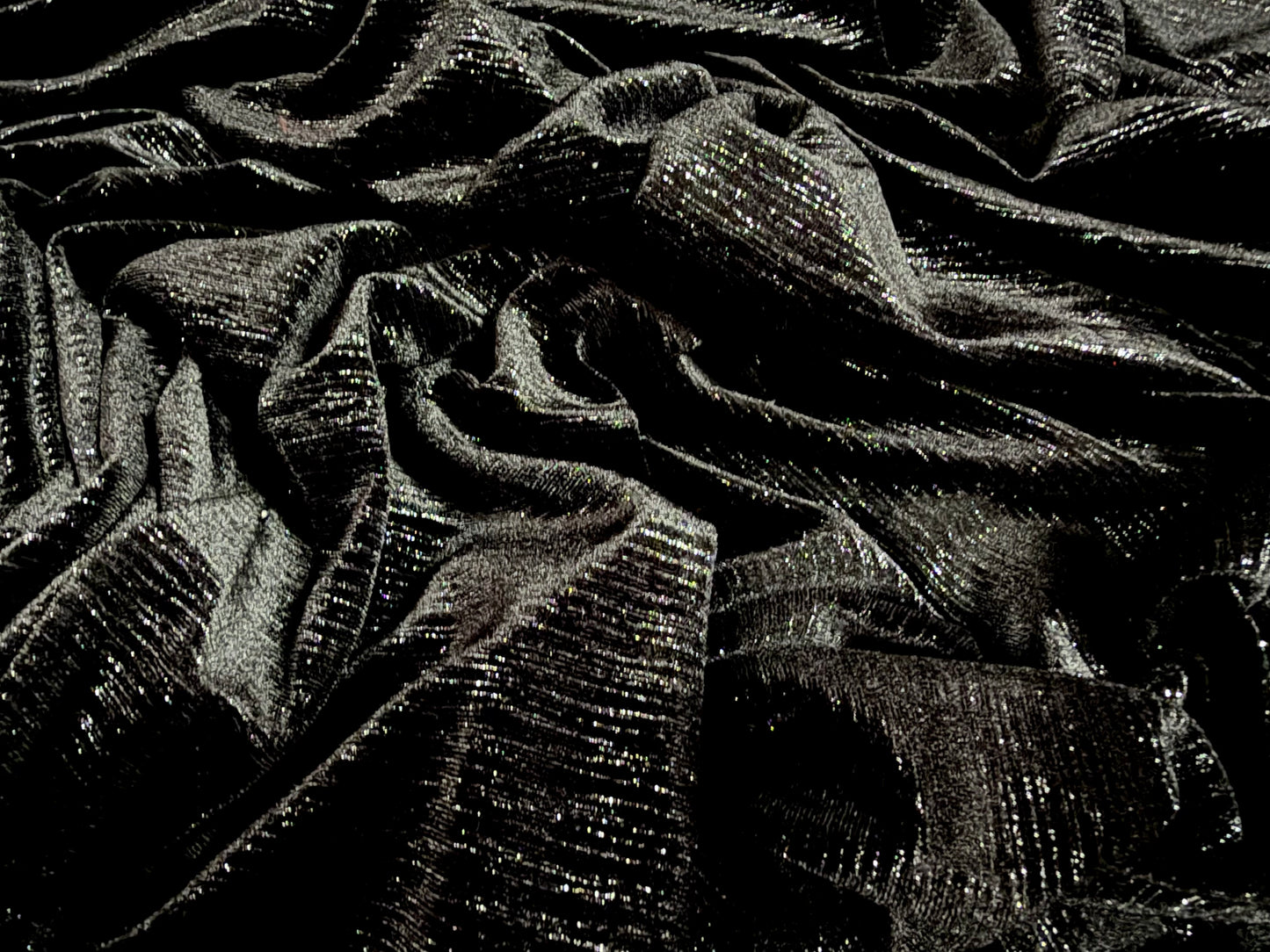 Metallic spandex velvet dress fabric, per metre - pinstripe slub - black & silver