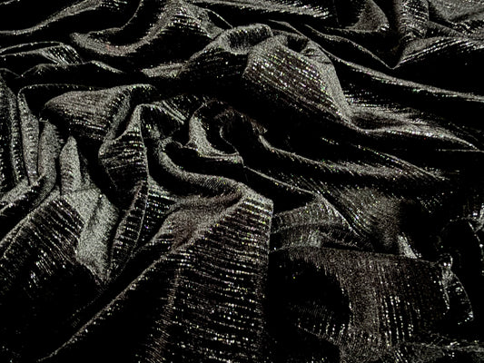 Metallic spandex velvet dress fabric, per metre - pinstripe slub - black & silver