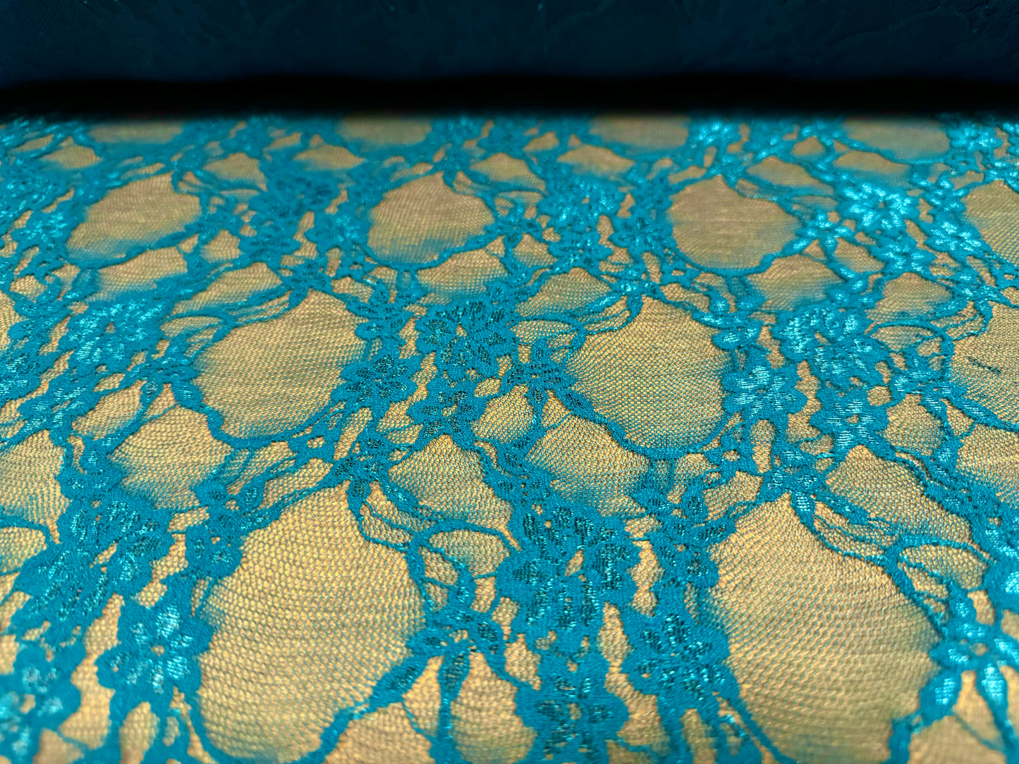 Stretch spandex mesh lace net fabric, per metre - floral pattern - dark turquoise blue