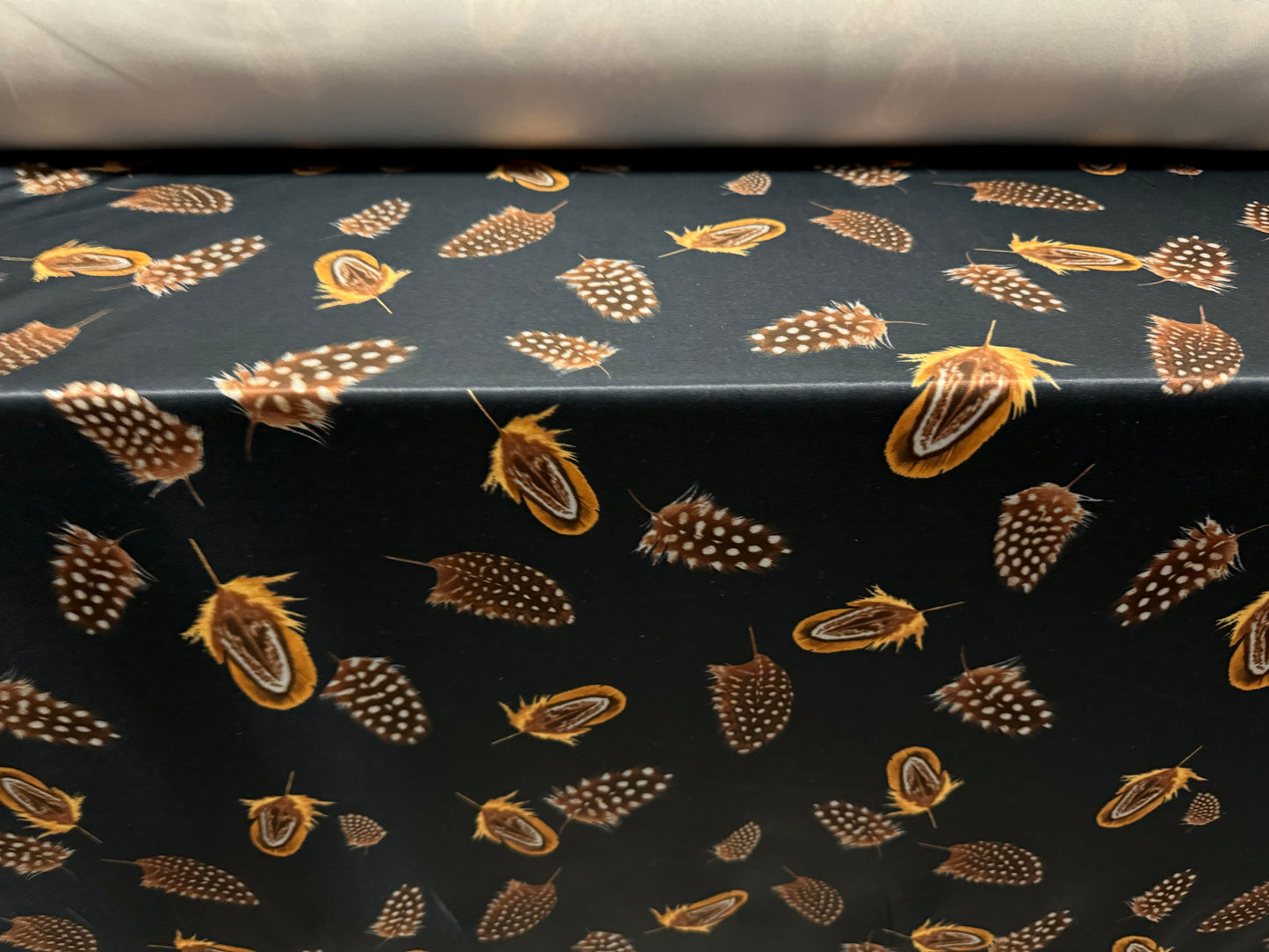 Scuba stretch double jersey fashion fabric, per metre - feather print - black & brown