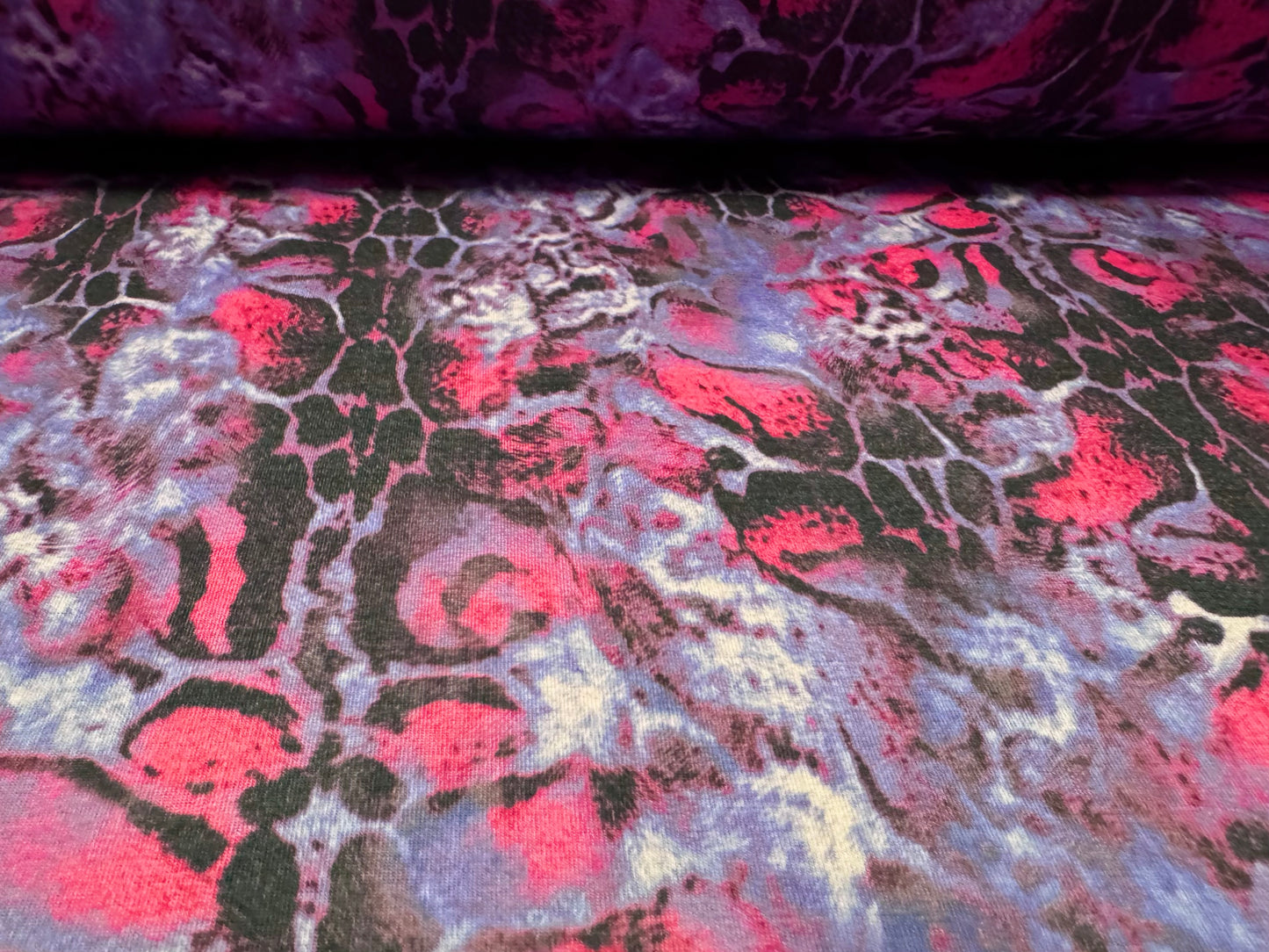 Stretch spandex interlock jersey fabric, per metre - stylised snakeskin print - violet & pink