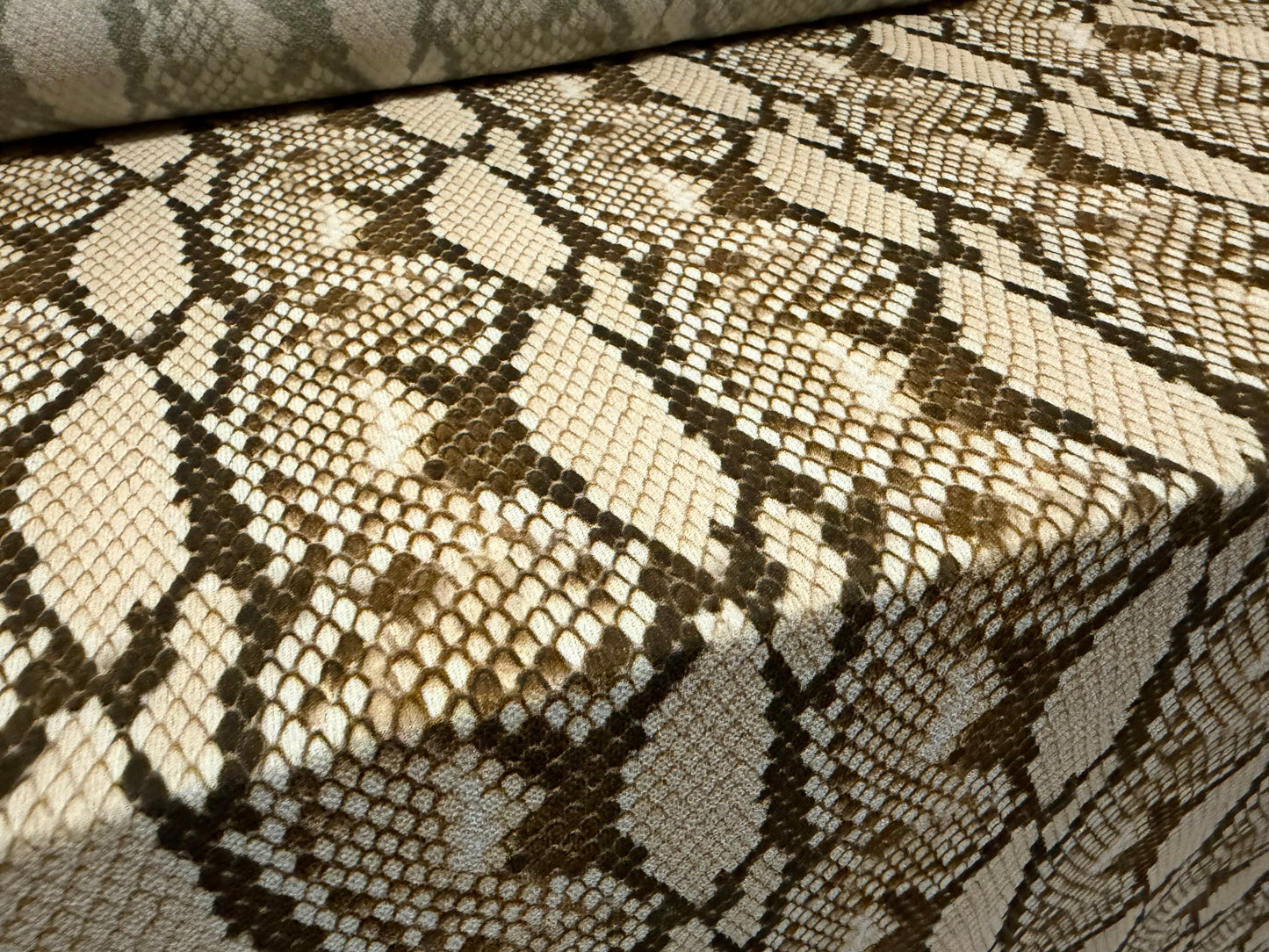 Pebble crepe woven dress fabric, per metre - snakeskin print - khaki & olive green