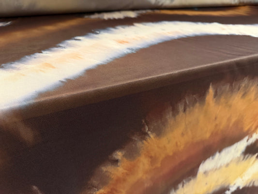 Power mesh net stretch spandex fabric, per metre - tie dye wave print - brown & mustard