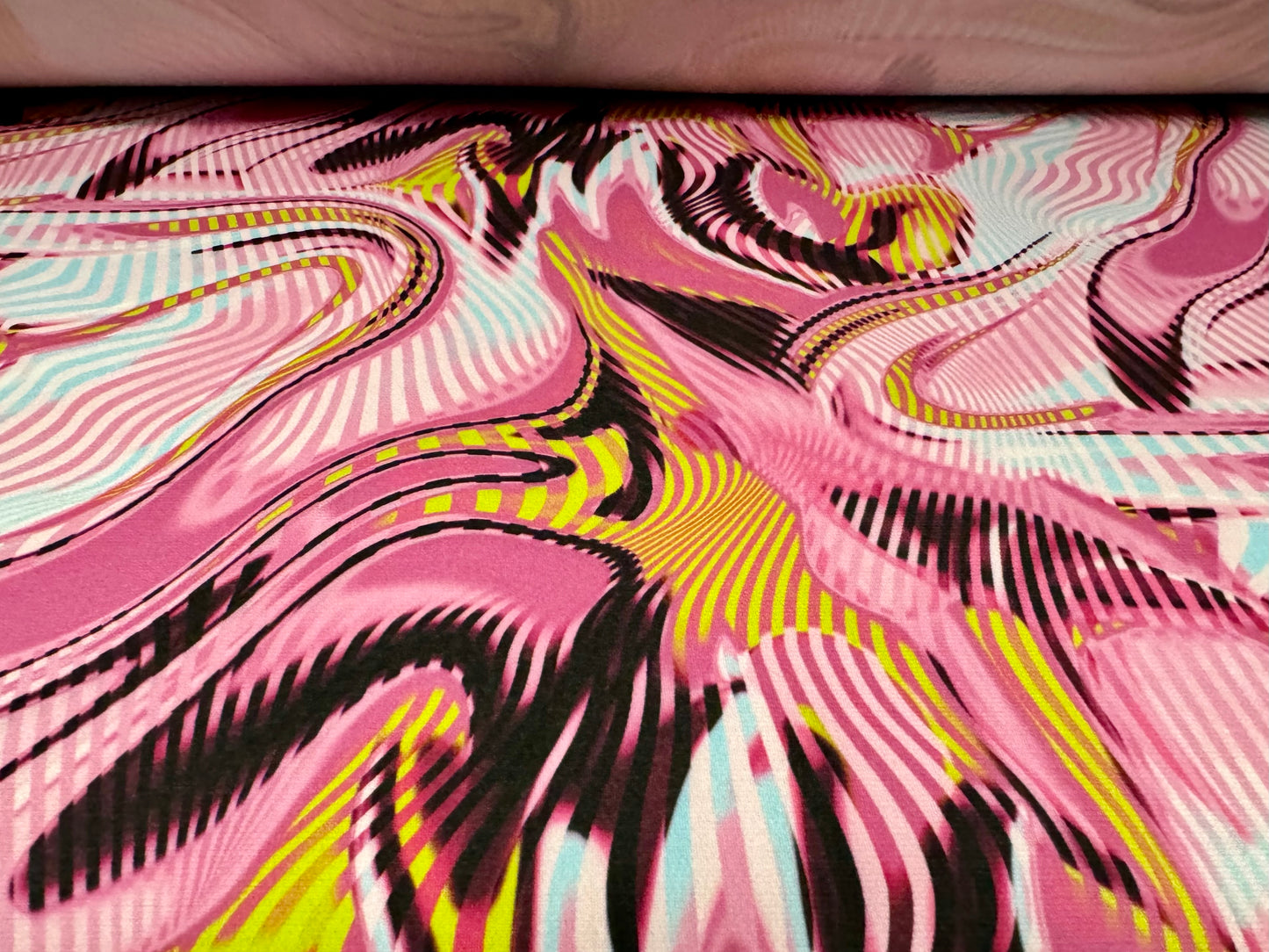 ITY stretch spandex single jersey fabric, per metre - abstract swirl print - hot pink & gold