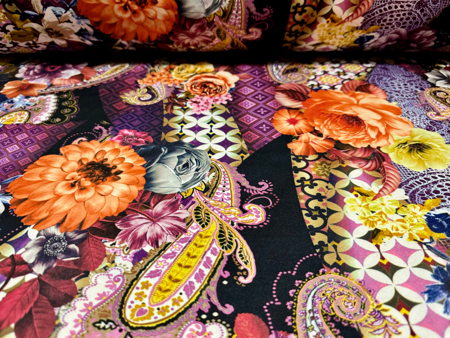 Scuba stretch spandex double jersey dress fabric, per metre - paisley & roses print - purple & orange